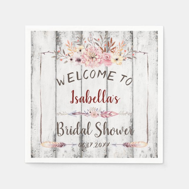 Rustic White Barn Boho Floral Summer Bridal Shower Napkin (Front)