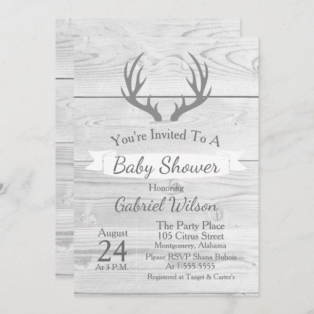 Rustic White Barn Grey Wood Antlers Invitation (Front/Back)