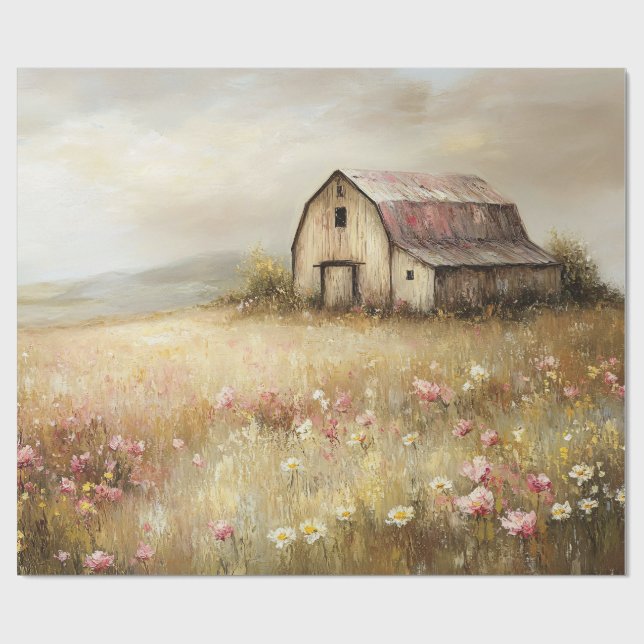 Rustic White Barn Wildflower Field Decoupage Wrapping Paper (Flat)