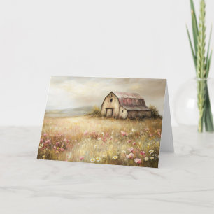 Rustic White Barn Wildflower Field Painting Card