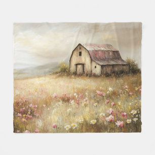 Rustic White Barn Wildflower Field Painting Fleece Blanket