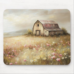 Rustic White Barn Wildflower Field Painting Mouse Mat