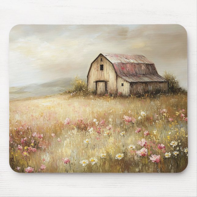 Rustic White Barn Wildflower Field Painting Mouse Mat (Front)