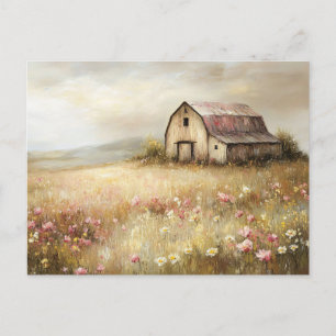 Rustic White Barn Wildflower Field Painting Postcard