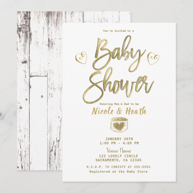 Rustic White Barn Wood Chic Gold Baby Shower   Invitation (Front/Back)