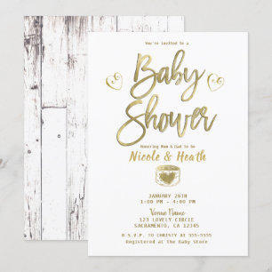 Rustic White Barn Wood Chic Gold Baby Shower   Invitation