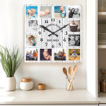 Rustic White Barn Wood Farmhouse 12 Photo Collage Square Wall Clock<br><div class="desc">Rustic White Barn Wood Farmhouse 12 Photo Collage Square Wall Clock. Large beautiful rustic white barn vintage wood personalised family name year established wall decor clock. The perfect country wooden plank look for any home or kitchen.</div>