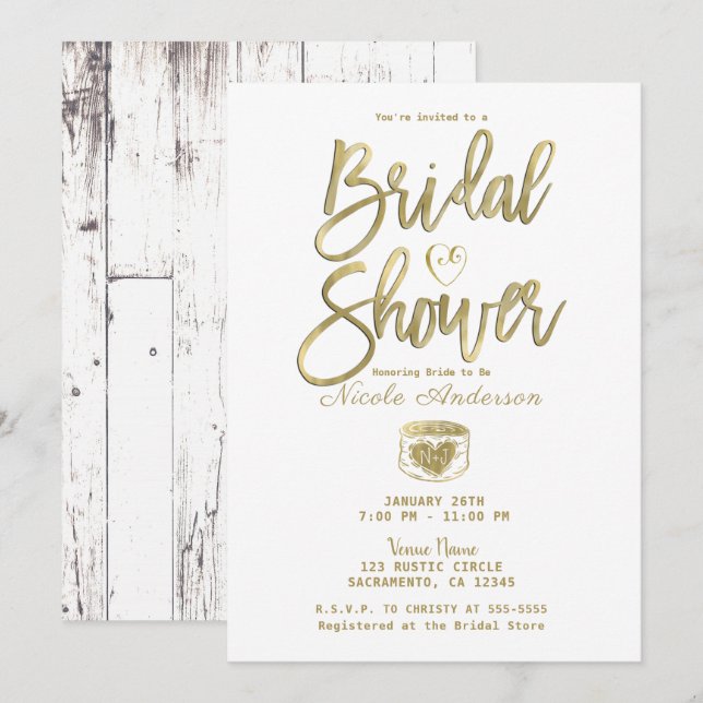 Rustic White Barn Wood Gold Bridal Shower  Invitation (Front/Back)