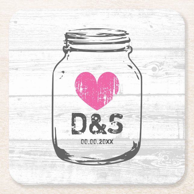 Rustic white barn wood mason jar wedding coasters (Front)