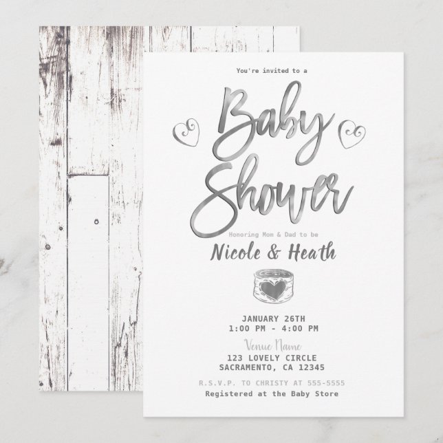 Rustic White Barn Wood Silver Baby Shower    Invitation (Front/Back)