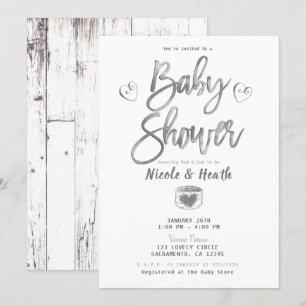 Rustic White Barn Wood Silver Baby Shower Invitation