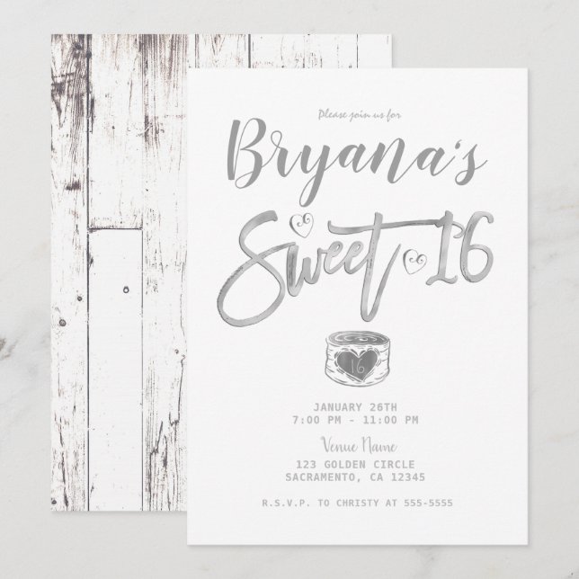 Rustic White Barn Wood Silver Sweet 16 Party    Invitation (Front/Back)