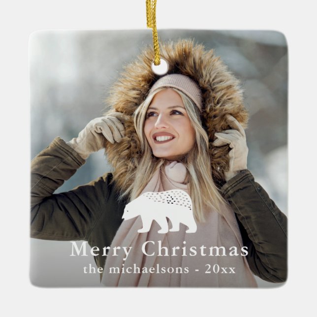Rustic White Bear Christmas Holiday Photo Ceramic Ornament (Front)