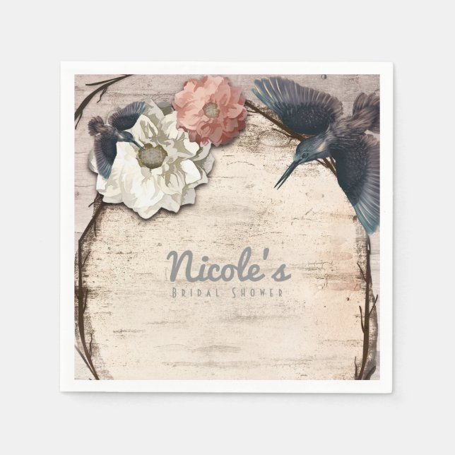 Rustic White Birch Floral & Hummingbird Elegant Napkin (Front)