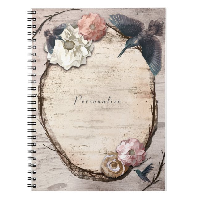Rustic White Birch Floral & Hummingbird Elegant Notebook (Front)