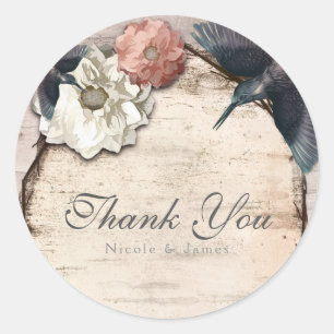 Rustic White Birch Floral & Hummingbird Favour Classic Round Sticker
