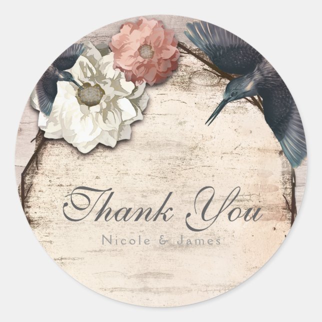 Rustic White Birch Floral & Hummingbird Favour Classic Round Sticker (Front)