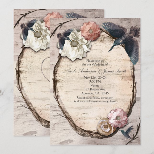 Rustic White Birch Floral & Hummingbird Invitation (Front/Back)
