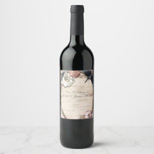 Rustic White Birch Floral & Hummingbird Wine Label