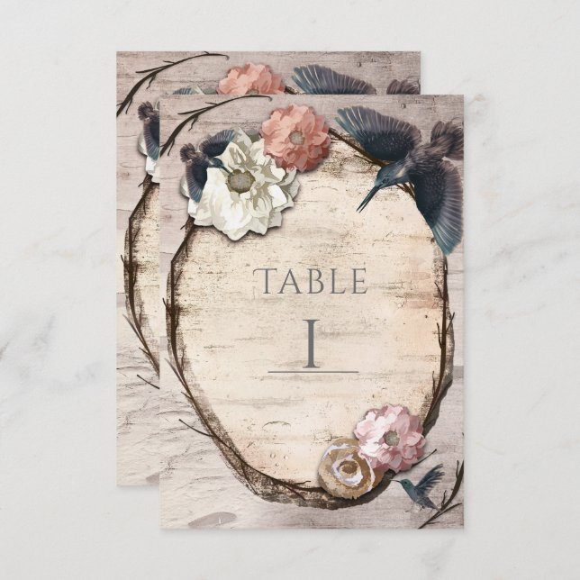 Rustic White Birch & Hummingbird Table Number Card (Front/Back)