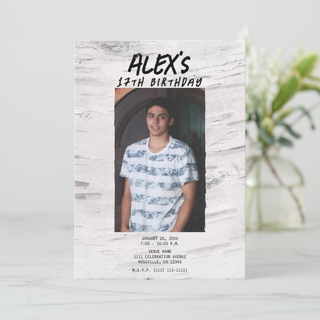 Rustic White Birch Trendy Photo Birthday Party Invitation (Standing Front)