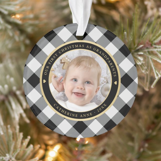 Rustic White Black Plaid First Grandparents Photo Ornament (Tree)