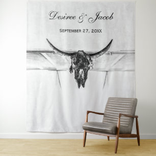 Rustic White Black Western Cow Skull Backdrop Tapestry