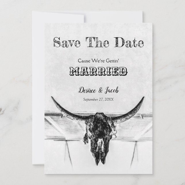 Rustic White Black Western Cow Skull Save The Date (Front)