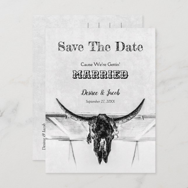 Rustic White Black Western Cow Skull Save The Date Postcard (Front/Back)