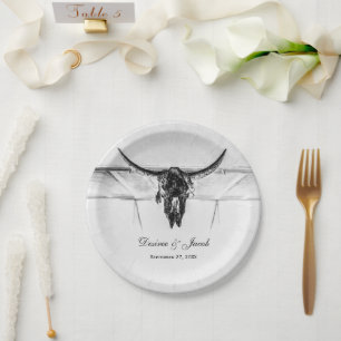 Rustic White Black Western Cow Skull Wedding Paper Plate