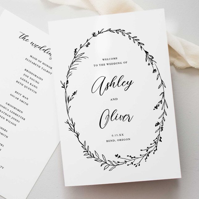 Rustic White & Black Wildflower Wreath Wedding Programme (Creator Uploaded)