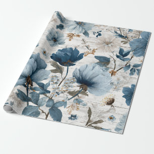 Rustic White Blue Botanical Pastel Vintage Floral Wrapping Paper
