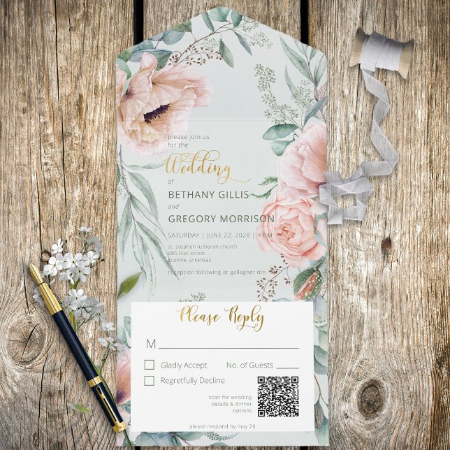 Rustic White & Blush Peonies Sage Green QR Code All In One Invitation (Creator Uploaded)