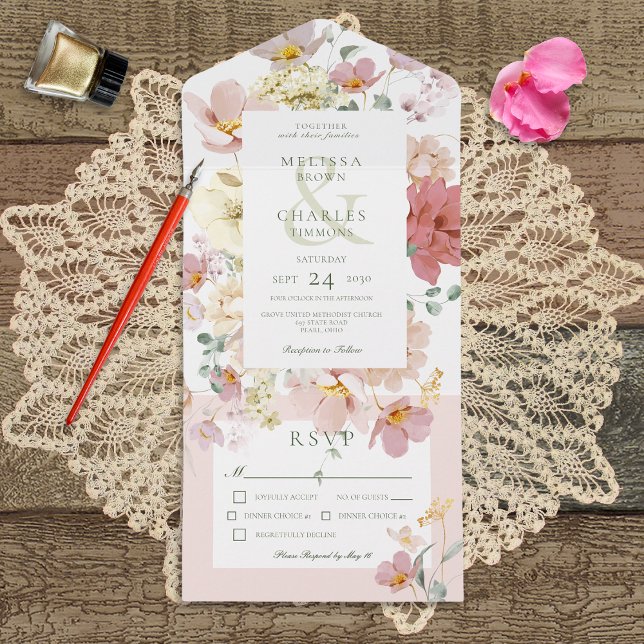 Rustic White & Blush Pink Boho Flowers Dinner All In One Invitation (Creator Uploaded)