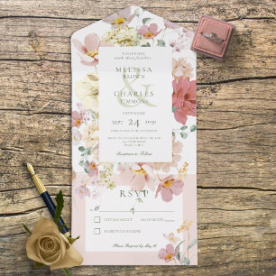 Rustic White & Blush Pink Boho Flowers No Dinner All In One Invitation