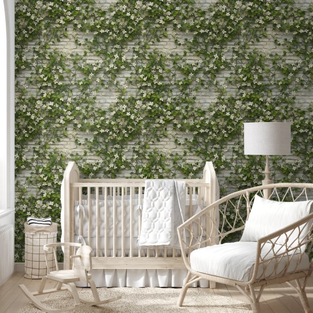 Rustic White Brick Floral Ivy Wallpaper (Kids)