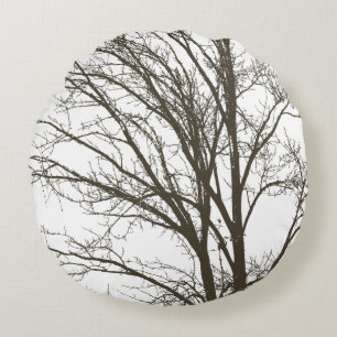 Rustic White Brown Tree Branches Round Cushion
