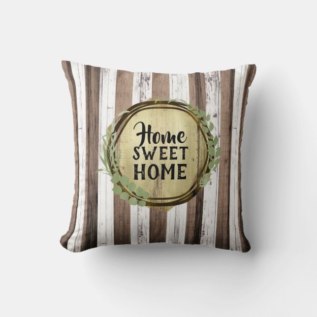 Rustic White & Brown Wood Botanical Wreath Barn Cushion (Front)