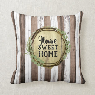 Rustic White & Brown Wood Botanical Wreath Barn Cushion
