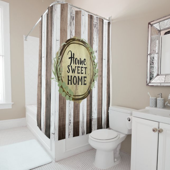 Rustic White & Brown Wood Botanical Wreath Barn Shower Curtain (In Situ)