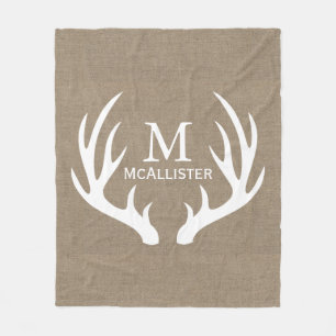Rustic White Buck Antlers Faux Burlap Family Name Fleece Blanket