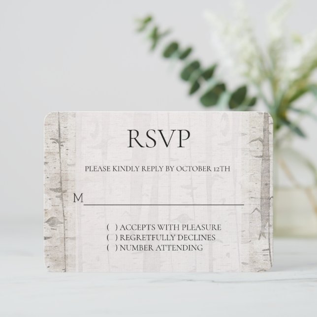 Rustic White Cream Birch Trees Wedding RSVP (Standing Front)