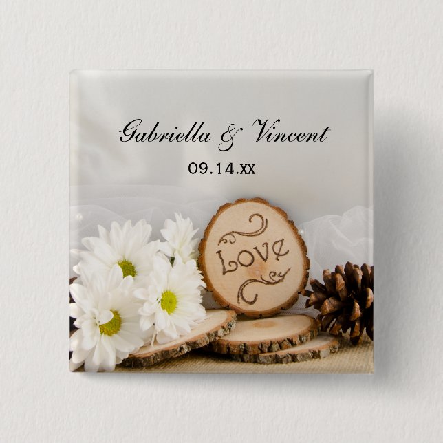 Rustic White Daisies Woodland Wedding 15 Cm Square Badge (Front)