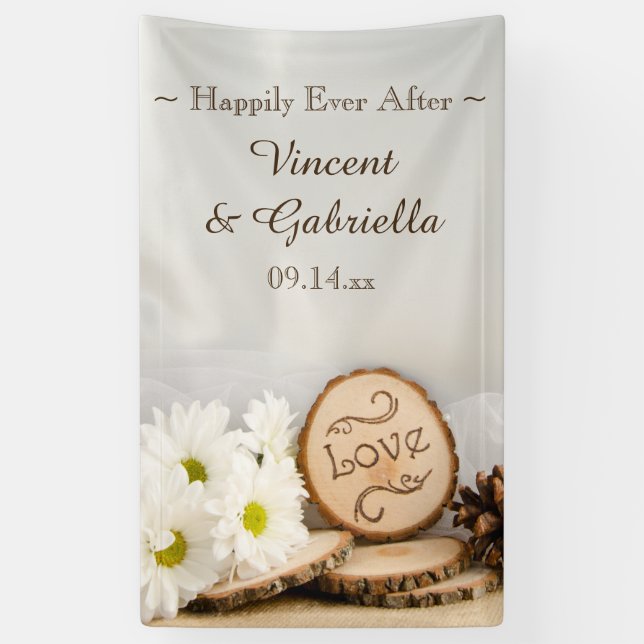 Rustic White Daisies Woodland Wedding Banner (Vertical)