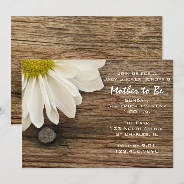 Rustic White Daisy and Barn Wood Baby Shower Invitation (Front/Back)