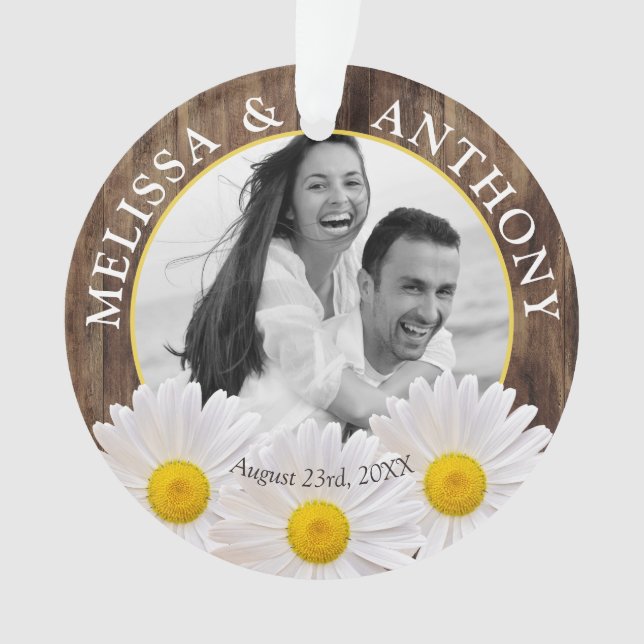 Rustic White Daisy Photo Wedding Save the Date Ornament (Front)