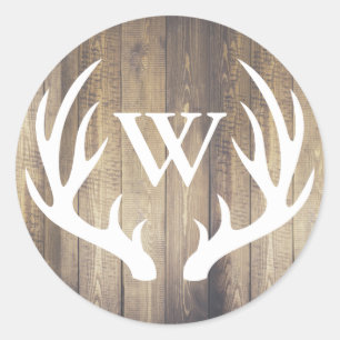 Rustic White Deer Antlers Barn Wood   Monogram Classic Round Sticker