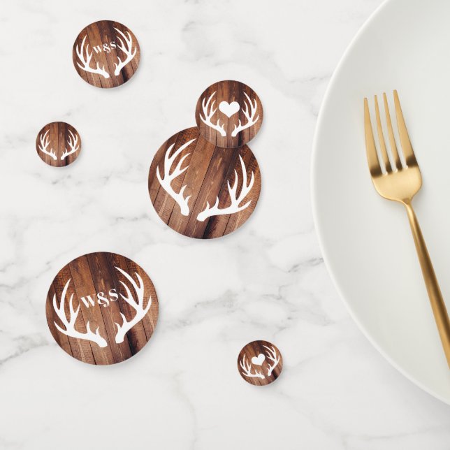 Rustic White Deer Antlers & Barn Wood | Monogram Confetti (Group)