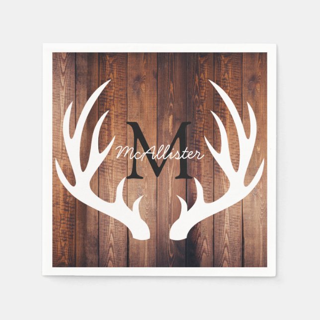 Rustic White Deer Antlers Barn Wood - Personalised Napkin (Front)