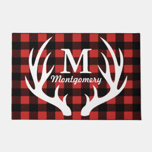 Rustic White Deer Antlers Buffalo Check Plaid Doormat